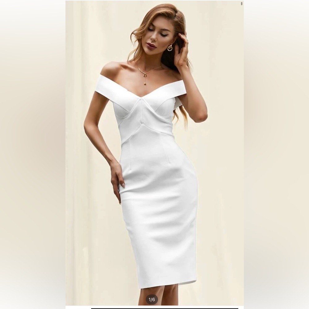 Brand New. Never worn. Off Shoulder Split Back
Fitted Dress. SHEIN. Size small
